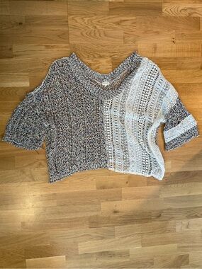 POL Mixed-Knit V-Neck Short Sleeve Oversized Sweater with Crochet Knit and Lace
